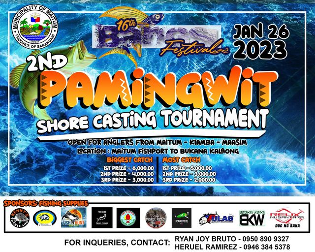 Bangsi Festival 2023 shore casting tournament, Bangsi Festival 2023 Pamingwit,Bangsi Festival 2023, 16th Bangsi Festival 2023, Bangsi Festival Maitum, Maitum Sarangani Bangsi Festival, Traditional Bangsi Festival, Bangsi Boat Race, Bangsi-making Competition, Sarangani Province Cultural Celebration, Maitum Heritage Festival, Philippine Traditional Fishing Festival, Sustainable Fishing Practices Maitum, Cultural Tourism Maitum Sarangani,