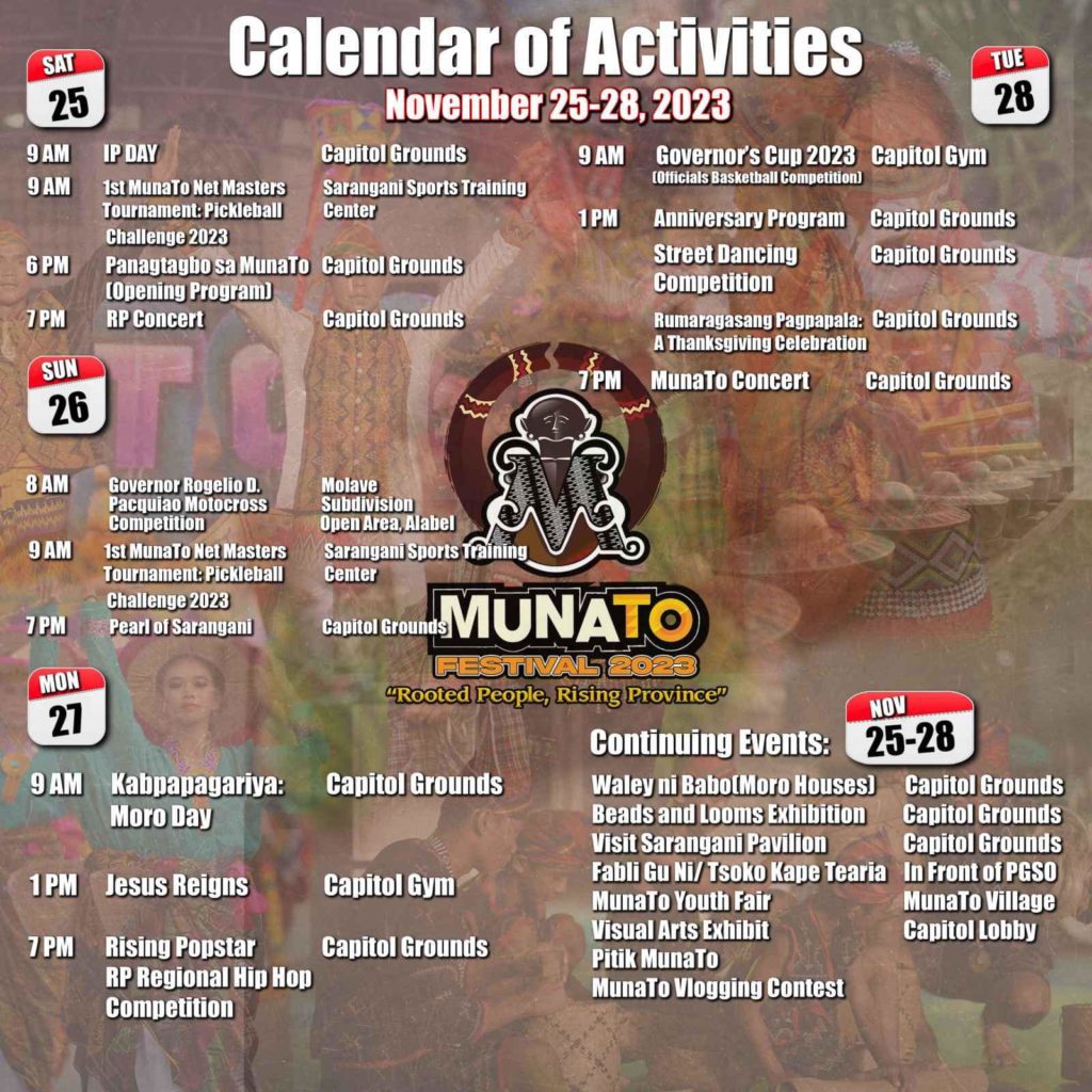 MunaTo Festival 2023, Sarangani Province Culture, Philippine Festivals, Indigenous People's Celebration, Traditional Filipino Events, Cultural Heritage of Sarangani, Ecotourism in the Philippines, Mindanao Cultural Festivities, Sarangani Tourism, Filipino Street Dances, Tribal Music and Performances, Local Filipino Cuisine, MunaTo Arts and Crafts, Community Festivals in the Philippines, Sarangani Province Attractions, Filipino Motocross Events, Pickleball Tournaments in the Philippines, Sarangani Sports Events, Sarangani Province Ecological Conservation, Environmental Awareness Events Philippines, Southeast Asian Festivals, Governor Rogelio D. Pacquiao Motocross, Pearl of Sarangani Beauty Pageant, Hip Hop Competitions Philippines, Sarangani Local Art Exhibits, Filipino Cultural Pageants, Philippine Traditional Games, Sarangani Thanksgiving Celebrations, Sarangani Provincial Anniversary,